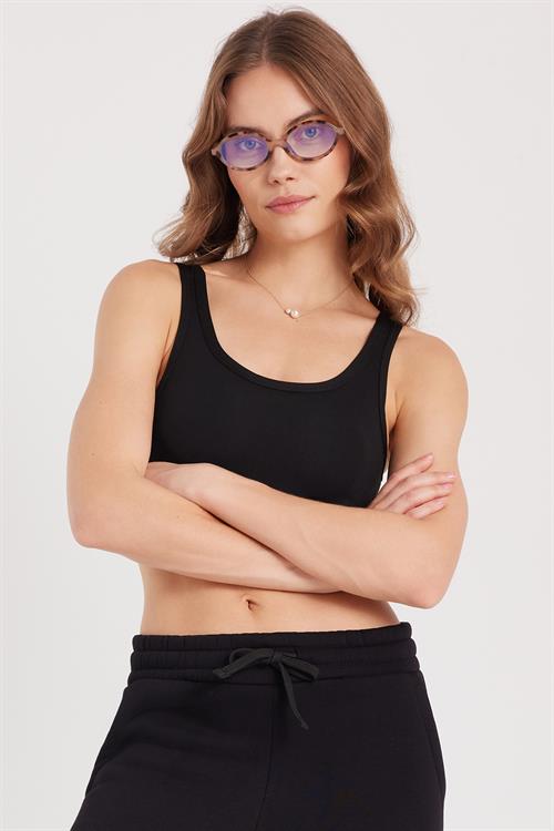 Kadın Slim Fit Dar Kesim İnce Askılı Kare Yaka Siyah Crop