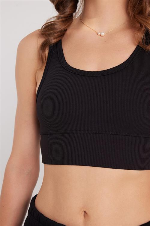 Kadın Slim Fit Dar Kesim Bisiklet Yaka Kalın Askılı Esnek Siyah Spor Atlet