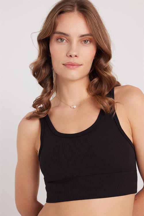 Kadın Slim Fit Dar Kesim Bisiklet Yaka Kalın Askılı Esnek Siyah Spor Atlet
