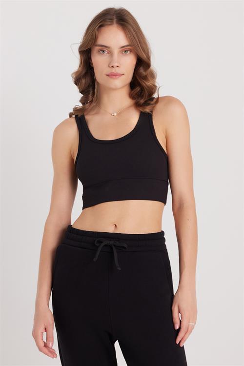Kadın Slim Fit Dar Kesim Bisiklet Yaka Kalın Askılı Esnek Siyah Spor Atlet