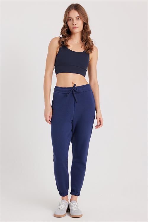 Kadın Slim Fit Dar Kesim Bisiklet Yaka Kalın Askılı Esnek Lacivert Spor Atlet