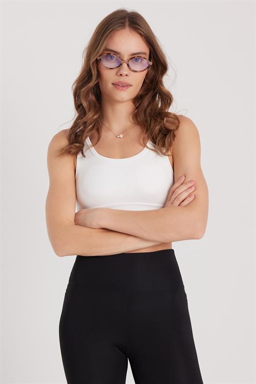 Kadın Slim Fit Dar Kesim Bisiklet Yaka Kalın Askılı Esnek Ekru Spor Atlet