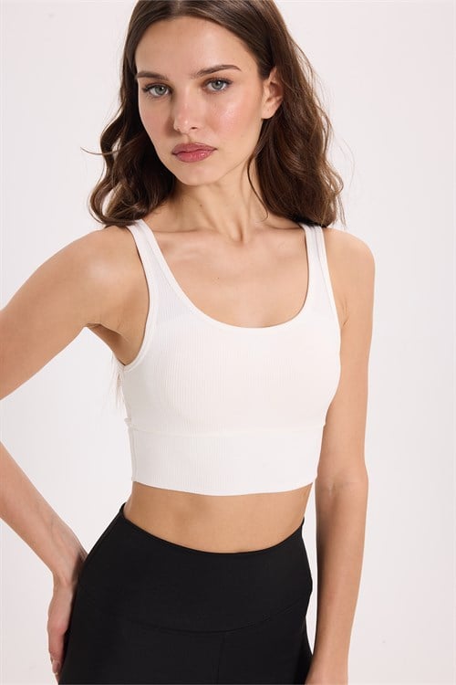 Kadın Slim Fit Dar Kesim Bisiklet Yaka Kalın Askılı Esnek Ekru Spor Atlet