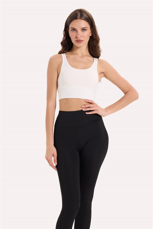 Kadın Slim Fit Dar Kesim Bisiklet Yaka Kalın Askılı Esnek Ekru Spor Atlet