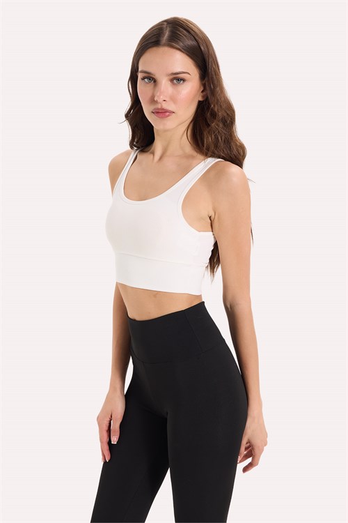 Kadın Slim Fit Dar Kesim Bisiklet Yaka Kalın Askılı Esnek Ekru Spor Atlet