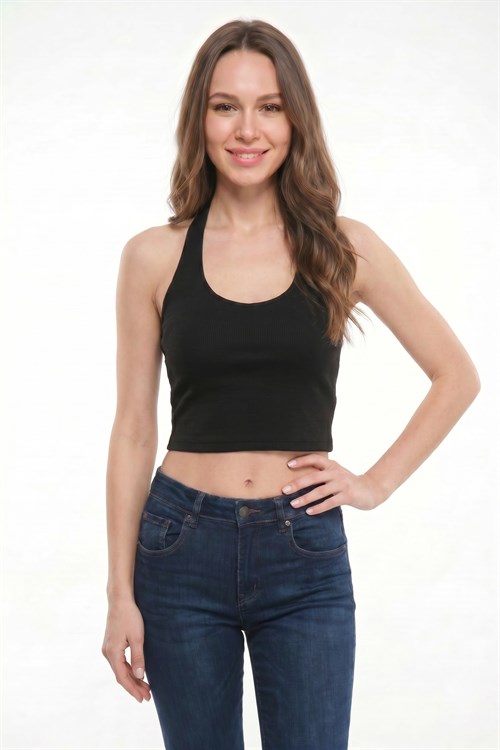 Kadın Slim Fit Dar Kesim Pamuklu Halter Yaka Kaşkorse Siyah Crop