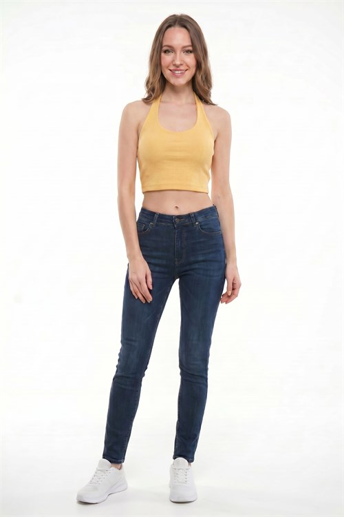 Kadın Slim Fit Dar Kesim Pamuklu Halter Yaka Kaşkorse Sarı Crop
