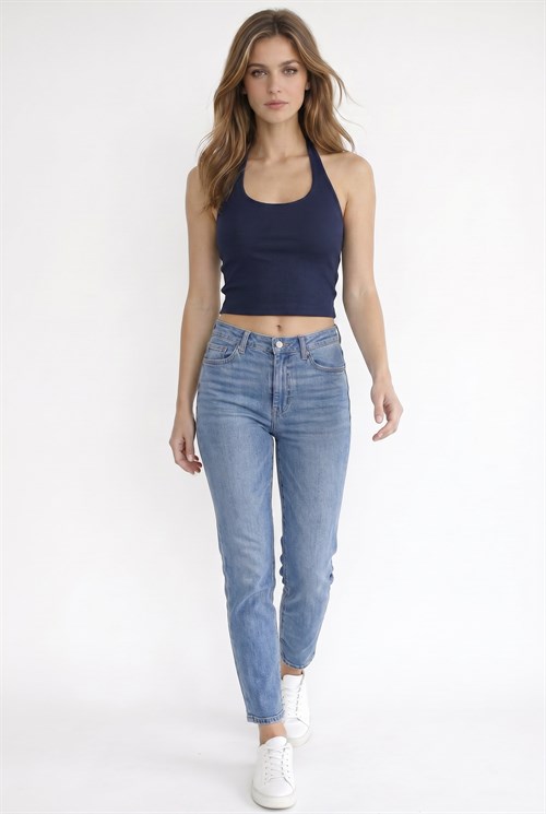 Kadın Slim Fit Dar Kesim Pamuklu Halter Yaka Kaşkorse Lacivert Crop