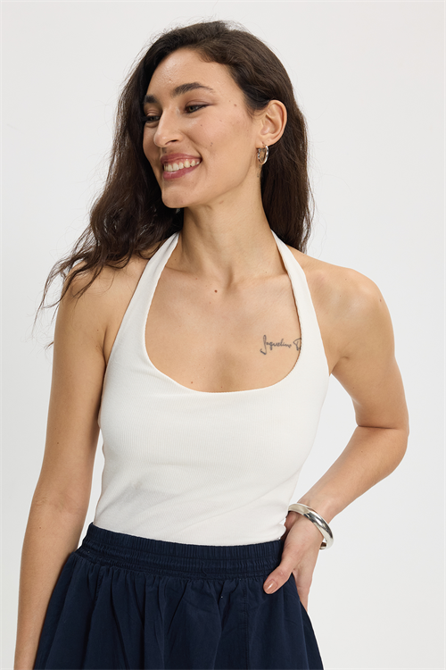 Kadın Slim Fit Dar Kesim Pamuklu Halter Yaka Kaşkorse Ekru Crop