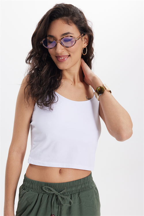 Kadın Slim Fit Dar Kesim Likralı Beyaz Crop Atlet 