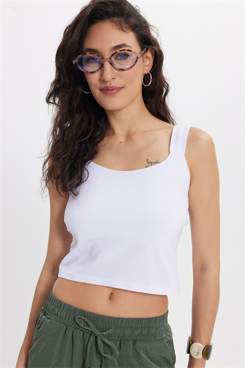 Kadın Slim Fit Dar Kesim Likralı Beyaz Crop Atlet 