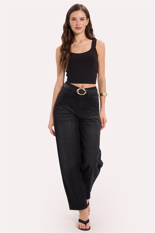 Kadın Slim Fit Dar Kesim Likralı Siyah Crop Atlet 