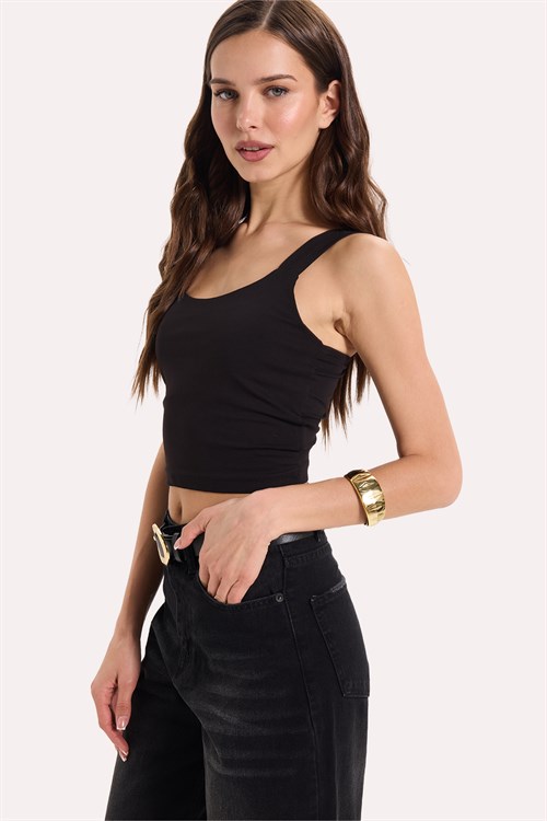 Kadın Slim Fit Dar Kesim Likralı Siyah Crop Atlet 