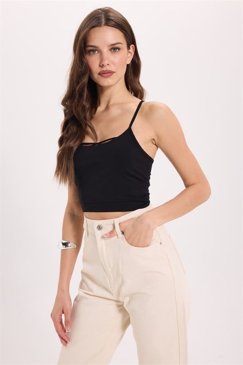 Kadın Slim Fit Dar Kesim Pamuklu İnce Askılı Siyah Crop Atlet