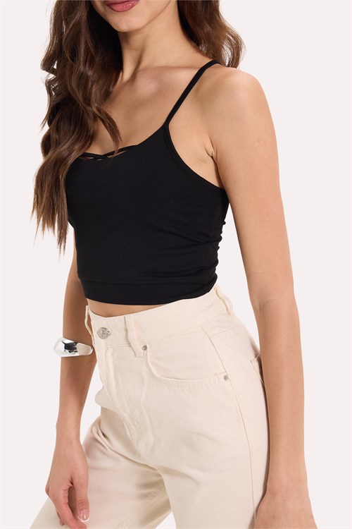 Kadın Slim Fit Dar Kesim Pamuklu İnce Askılı Siyah Crop Atlet