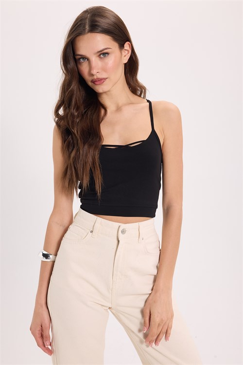 Kadın Slim Fit Dar Kesim Pamuklu İnce Askılı Siyah Crop Atlet
