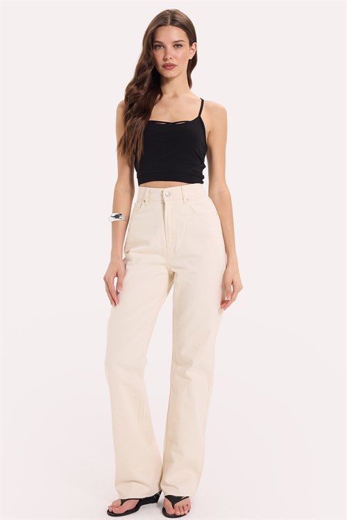 Kadın Slim Fit Dar Kesim Pamuklu İnce Askılı Siyah Crop Atlet