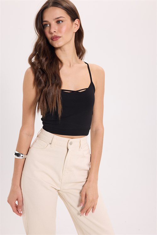 Kadın Slim Fit Dar Kesim Pamuklu İnce Askılı Siyah Crop Atlet
