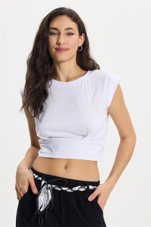 Kadın Slim Fit %100 Pamuk Pileli Yumuşak Doku Beyaz Bisiklet Yaka Crop Bluz
