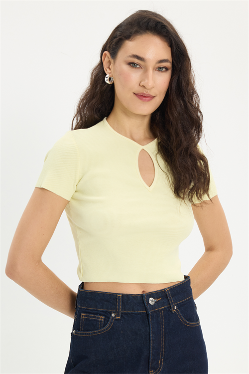 Kadın Slim Fit Dar Kesim %100 Pamuk Kısa Kollu Bisiklet Yaka Yeşil Crop