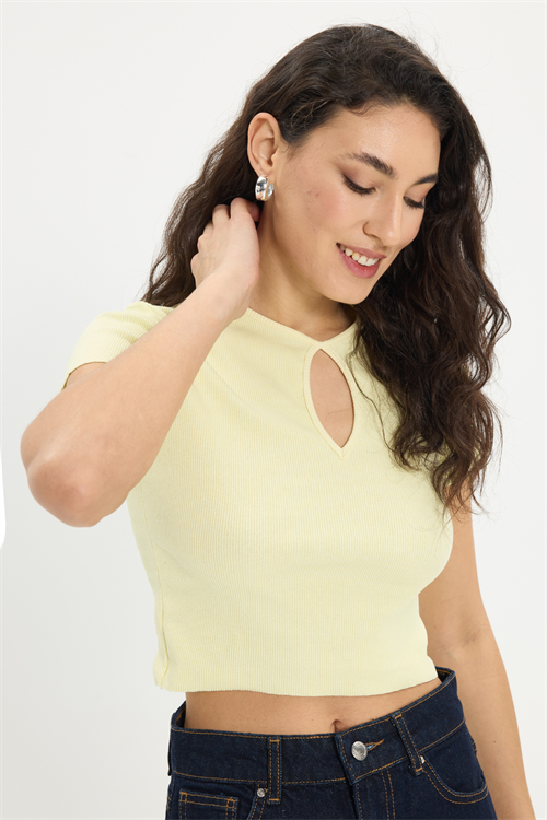 Kadın Slim Fit Dar Kesim %100 Pamuk Kısa Kollu Bisiklet Yaka Yeşil Crop