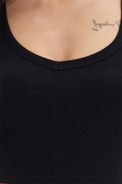 Kadın Slim Fit Dar Kesim Pamuklu Fitilli Kalın Askılı Basic Siyah Crop Atlet