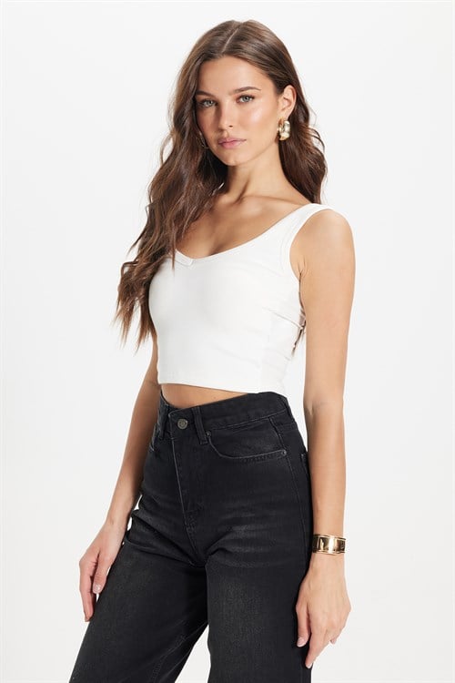 Kadın Slim Fit Dar Kesim Pamuklu Fitilli Kalın Askılı Ekru Crop Atlet