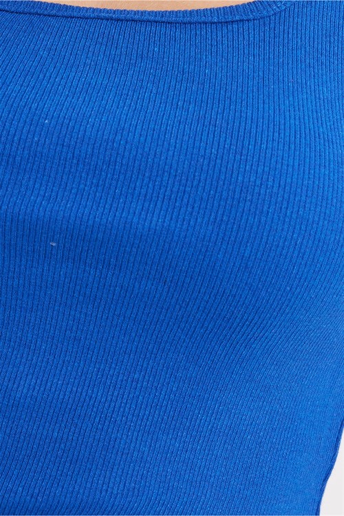 Kadın Slim Fit Dar Kesim Askılı Kare Yaka Pamuklu Saks Mavi Crop Atlet