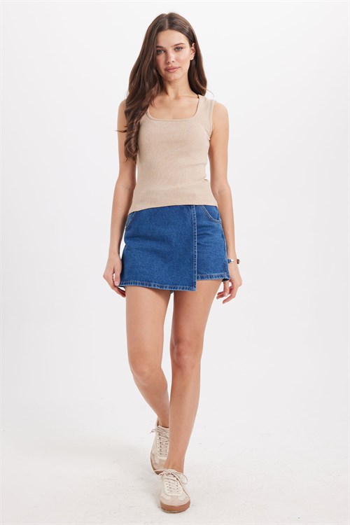 Kadın Slim Fit Dar Kesim Askılı Kare Yaka Pamuklu Vizon Crop Atlet
