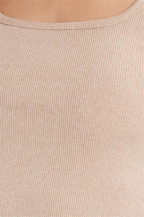Kadın Slim Fit Dar Kesim Askılı Kare Yaka Pamuklu Vizon Crop Atlet