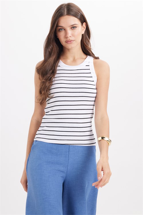 Kadın Slim Fit Dar Kesim Pamuklu Askılı Bisiklet Yaka Çizgili Beyaz Crop Atlet