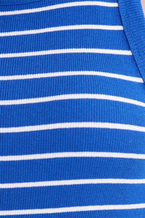 Kadın Slim Fit Dar Kesim Pamuklu Askılı Bisiklet Yaka Çizgili Saks Mavi Crop Atlet