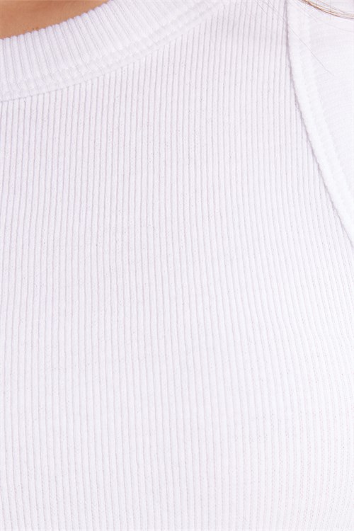Kadın Slim Fit Dar Kesim Pamuklu Askılı Bisiklet Yaka Beyaz Crop Atlet