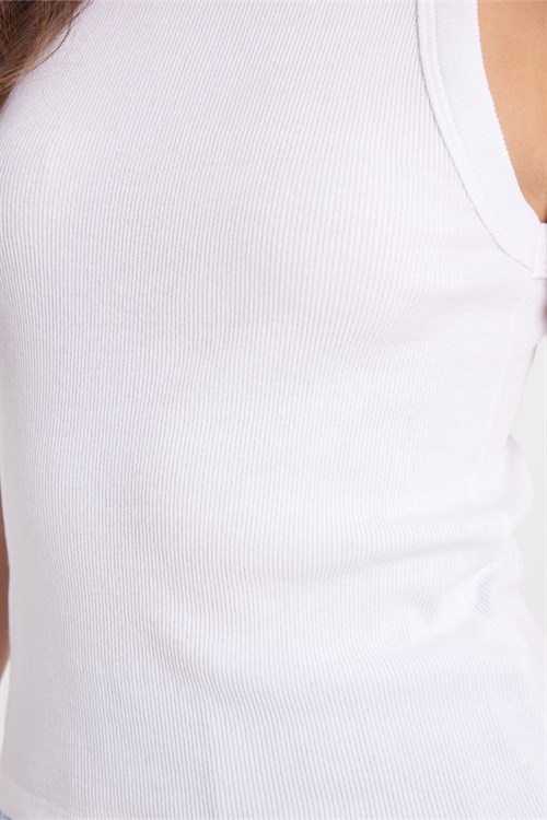Kadın Slim Fit Dar Kesim Pamuklu Askılı Bisiklet Yaka Beyaz Crop Atlet