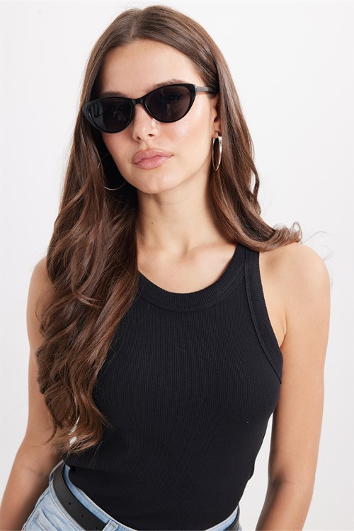 Kadın Slim Fit Dar Kesim Pamuklu Askılı Bisiklet Yaka Siyah Crop Atlet