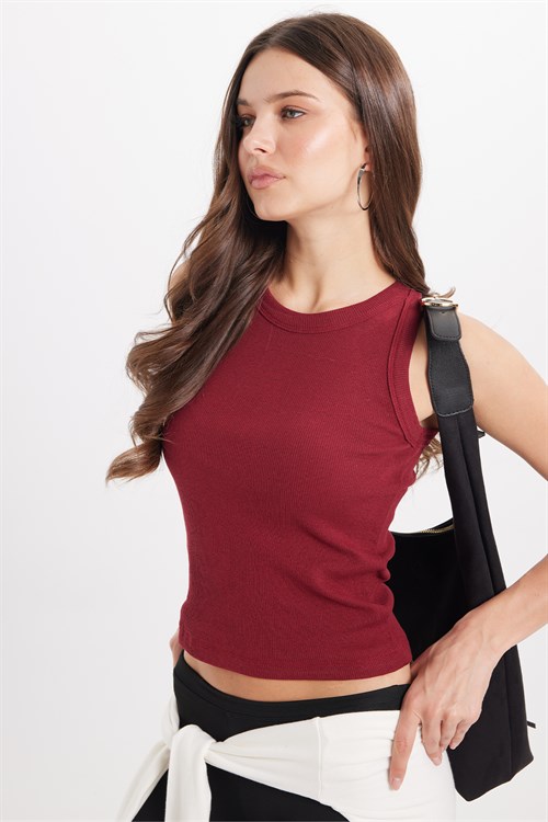 Kadın Slim Fit Dar Kesim Pamuklu Askılı Bisiklet Yaka Bordo Crop Atlet
