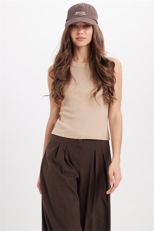 Kadın Slim Fit Dar Kesim Pamuklu Askılı Bisiklet Yaka Vizon Crop Atlet