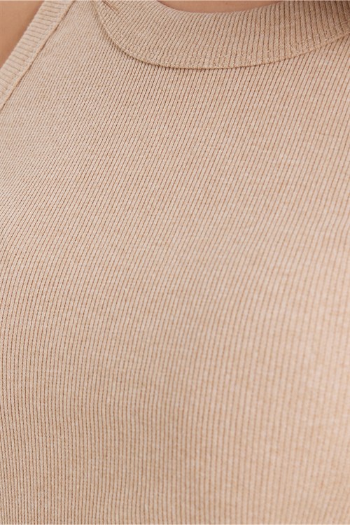 Kadın Slim Fit Dar Kesim Pamuklu Askılı Bisiklet Yaka Vizon Crop Atlet