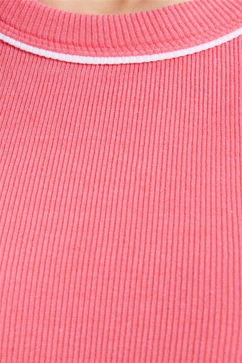 Kadın Slim Fit Dar Kesim Pamuklu Askılı Bisiklet Yaka Biyeli Pembe Crop Atlet