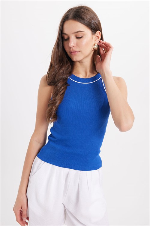 Kadın Slim Fit Dar Kesim Pamuklu Askılı Bisiklet Yaka Biyeli Saks Mavi Crop Atlet