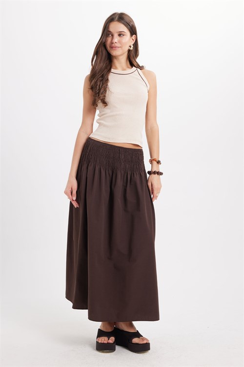 Kadın Slim Fit Dar Kesim Pamuklu Askılı Bisiklet Yaka Biyeli Bej Crop Atlet