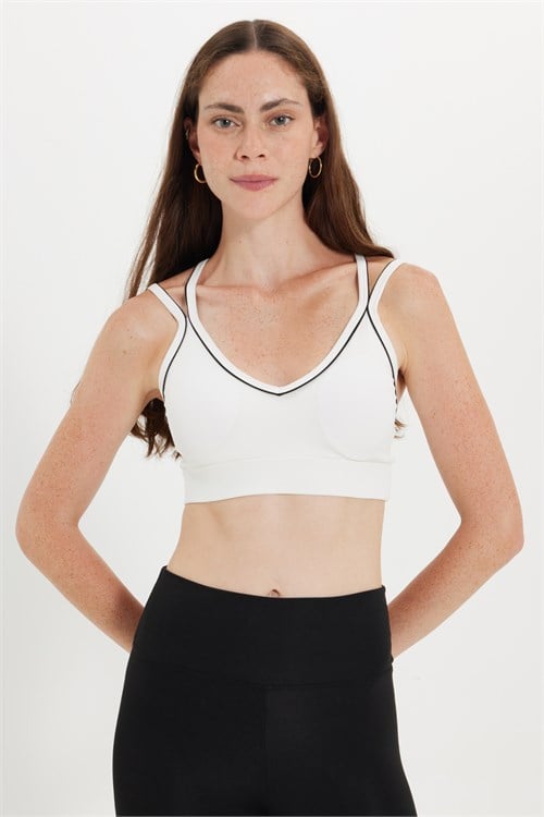 Kadın Slim Fit Dar Kesim Çapraz Bağlamalı Askılı V Yaka Beyaz Crop 