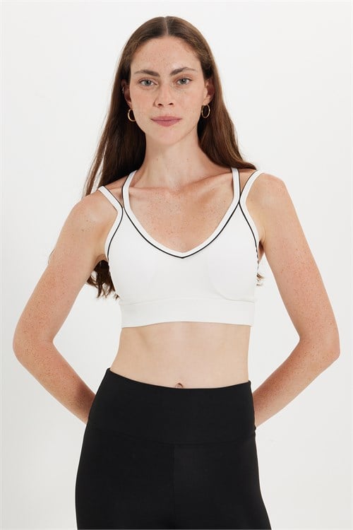 Kadın Slim Fit Dar Kesim Çapraz Bağlamalı Askılı V Yaka Beyaz Crop 