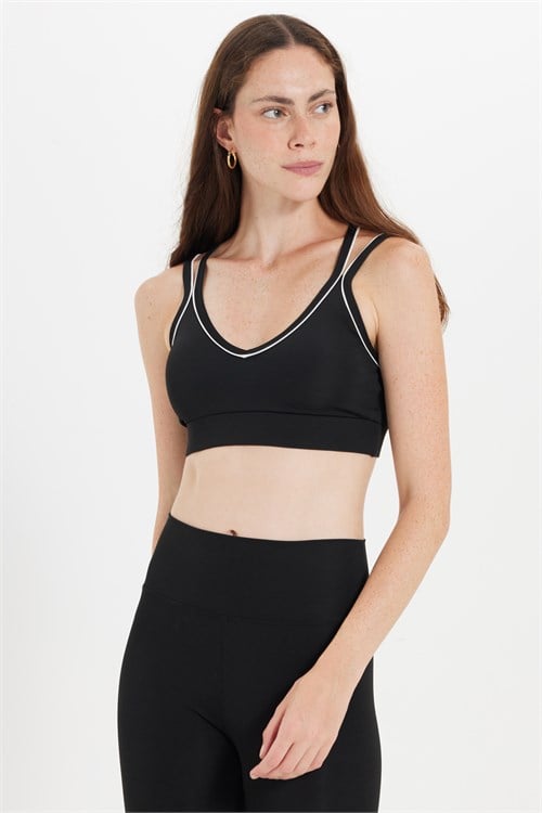 Kadın Slim Fit Dar Kesim Çapraz Bağlamalı Askılı V Yaka Siyah Crop 