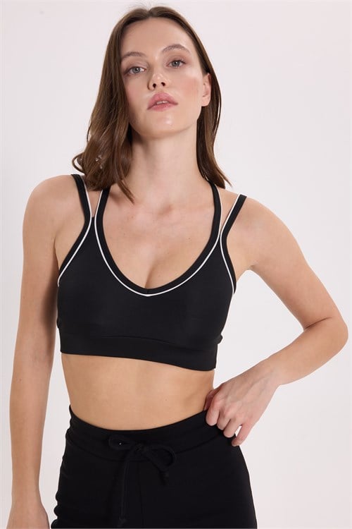 Kadın Slim Fit Dar Kesim Çapraz Bağlamalı Askılı V Yaka Siyah Crop