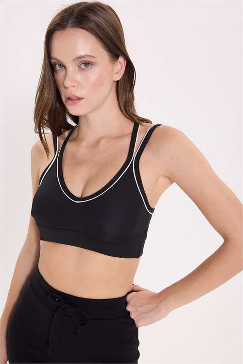 Kadın Slim Fit Dar Kesim Çapraz Bağlamalı Askılı V Yaka Siyah Crop