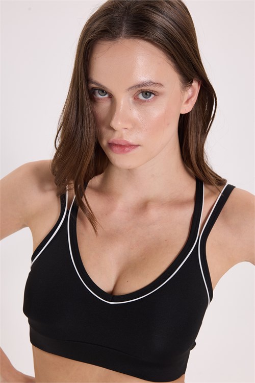 Kadın Slim Fit Dar Kesim Çapraz Bağlamalı Askılı V Yaka Siyah Crop