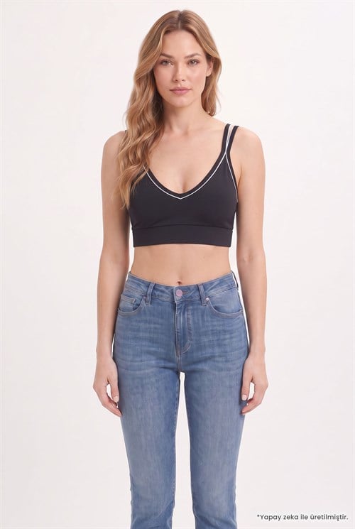 Kadın Slim Fit Dar Kesim Çapraz Bağlamalı Askılı V Yaka Siyah Crop 