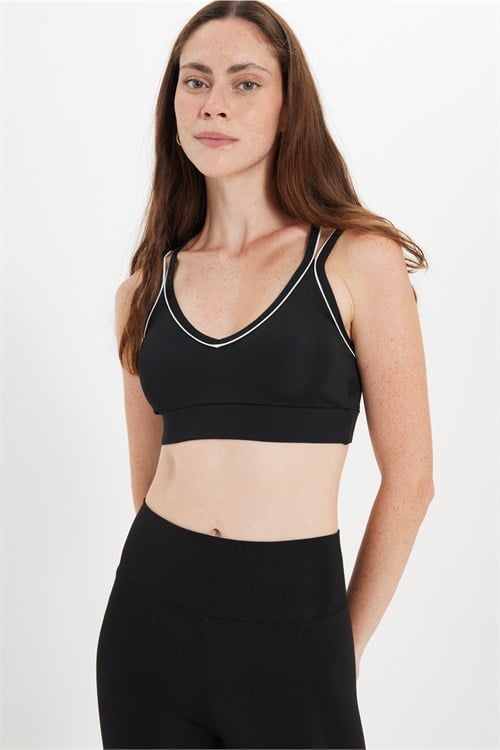 Kadın Slim Fit Dar Kesim Çapraz Bağlamalı Askılı V Yaka Siyah Crop 