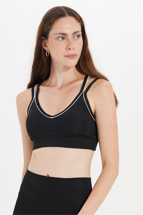 Kadın Slim Fit Dar Kesim Çapraz Bağlamalı Askılı V Yaka Siyah Crop 